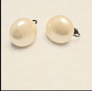 Vintage Faux Pearl Clip-On Earrings, Silver Tone, Classic Button Style